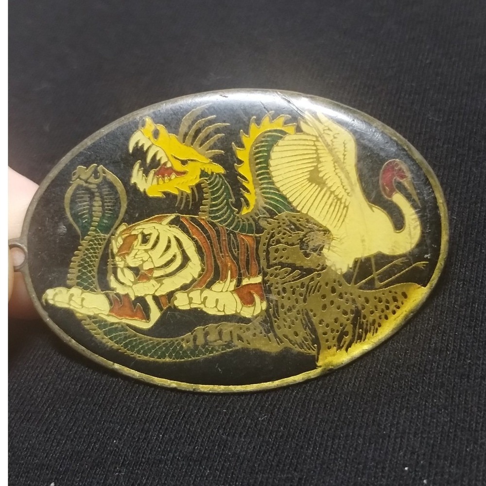 Vintage Mythical Animals Pendant Tiger Dragon Cobra Oval Black Gold